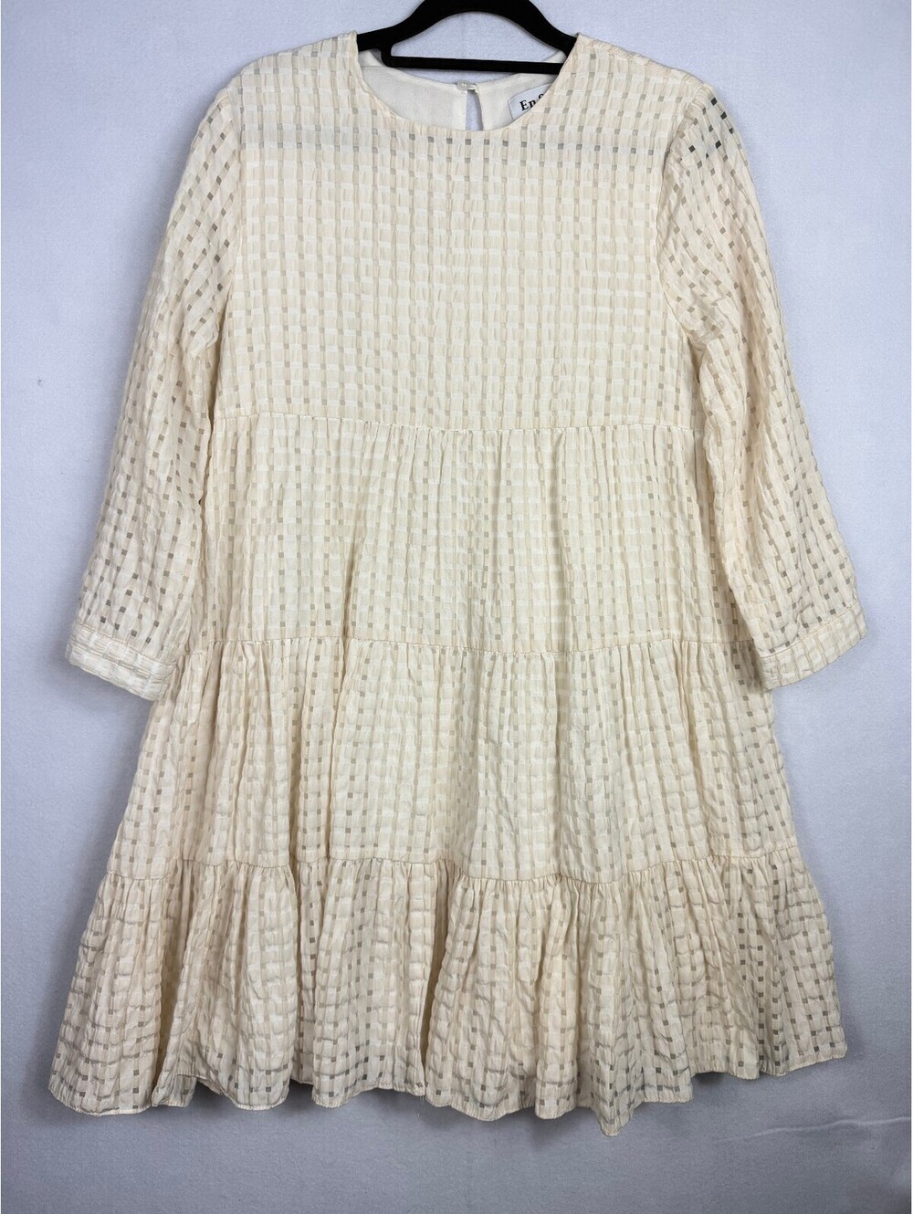 En Saison Small Ivory Tiered Babydoll Dress Long Sleeve Textured Checkered